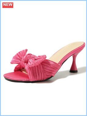 Pleated Bow Low Stiletto Heeled Mule Sandals Square Toe Slip On